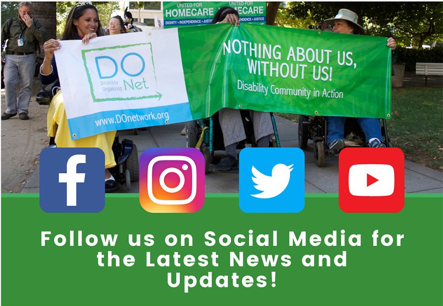 Follow us on social media for the latest news and updates! Background photo of DCAD participants holding up the DOnetwork banner. Icons for Facebook, Instagram, Twitter, and YouTube.